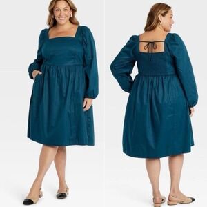 Balloon Sleeve Square Neck Teal Blue Smocked Back Tie Sz 2XL Midi Dress Pockets